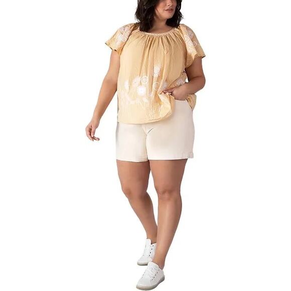 🍒 Black Tape Floral Embroidered Flowy Cotton Flutter-Sleeve Top Pale‎ Peach 2X - Picture 2 of 10